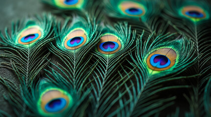 Obraz premium Macro Shot of Water Droplets on the Shimmering Tail Feathers of a Peacock