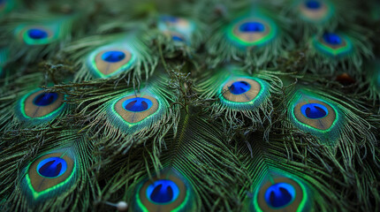 Obraz premium Macro Shot of Water Droplets on the Shimmering Tail Feathers of a Peacock