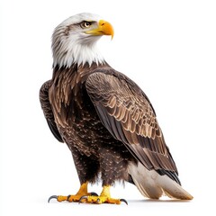 Fototapeta premium A majestic bald eagle stands proudly with its wings partially spread, showcasing its striking features and powerful presence against a white background.