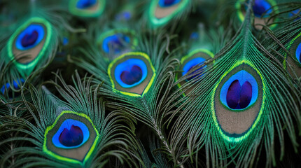 Fototapeta premium Macro Shot of Water Droplets on the Shimmering Tail Feathers of a Peacock