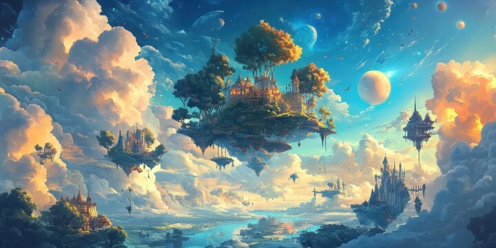 Fantastic floating castles exist within beautiful colorful cloudscapes of the sky