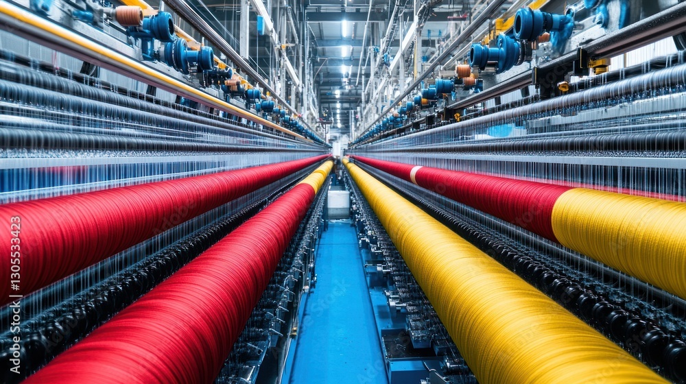 Poster Textile mill showing threads wound on spindles in a factory setting