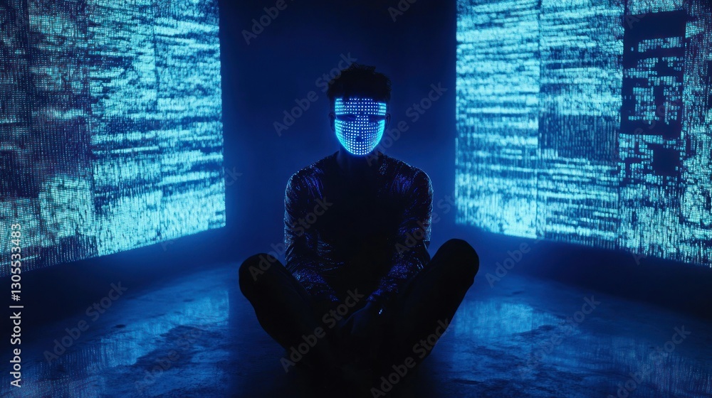 Poster a person sits in a dark room with an illuminated mask
