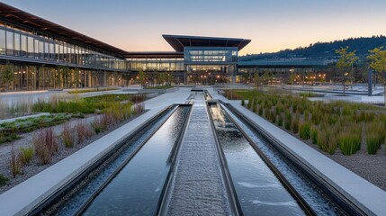 An impressive modern building with multiple waterways and green landscaping