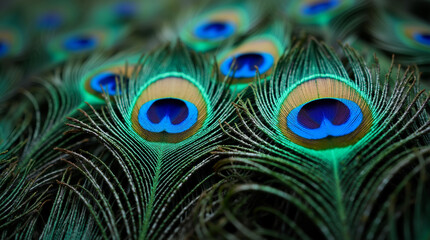 Fototapeta premium Macro Shot of Water Droplets on the Shimmering Tail Feathers of a Peacock