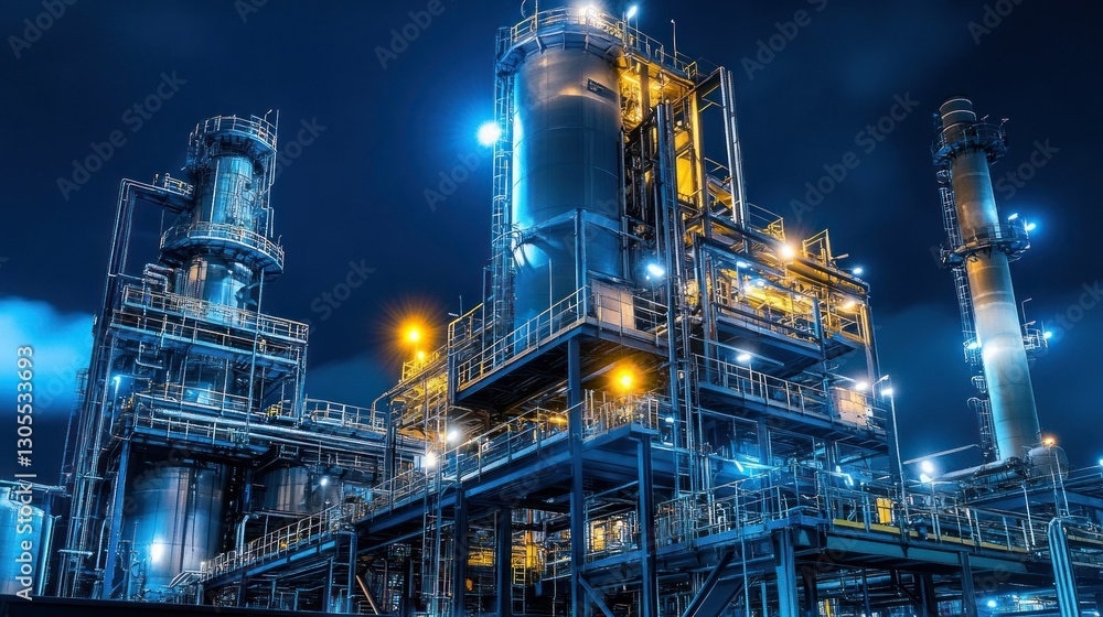 Poster the industrial nighttime cityscape features factory components with tall structures
