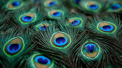 Macro Shot of Water Droplets on the Shimmering Tail Feathers of a Peacock