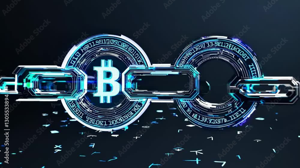 Poster futuristic video concept of blockchain technology with a digital bitcoin symbol. side angle captures