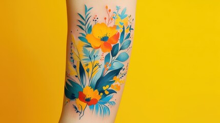 Colorful floral arm art featuring bright yellow and blue elements
