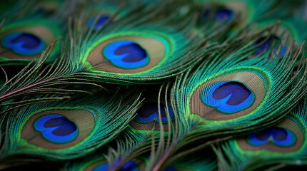 Macro Shot of Water Droplets on the Shimmering Tail Feathers of a Peacock