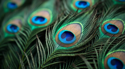 Obraz premium Macro Shot of Water Droplets on the Shimmering Tail Feathers of a Peacock