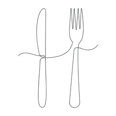Fork and knife in one continuous line. One line drawing, minimalism. Vector illustration.