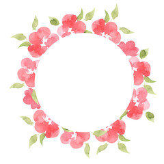Watercolor red flowers round frame isolated on white background. Hand drawn abstract botanical illustration. For wedding invitations, save the date, greeting card.