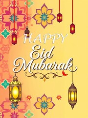 Naklejka premium Happy Eid Mubarak greeting design with mosque, moon and lamp decoration
