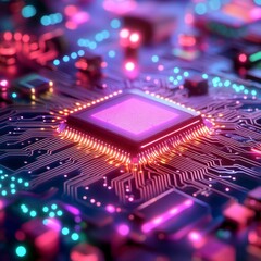 Obraz premium Vibrant microchip circuit glowing with color
