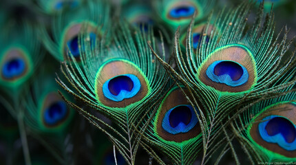 Obraz premium Macro Shot of Water Droplets on the Shimmering Tail Feathers of a Peacock