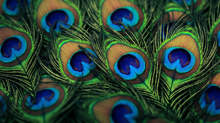 Macro Shot of Water Droplets on the Shimmering Tail Feathers of a Peacock