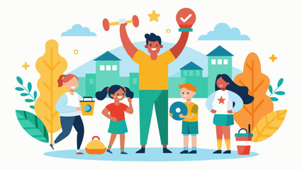 The school community comes together in support of the fitness challenge with parents and community members volunteering their time and resources to make the event a success.. Vector illustration