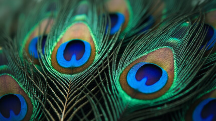 Obraz premium Macro Shot of Water Droplets on the Shimmering Tail Feathers of a Peacock