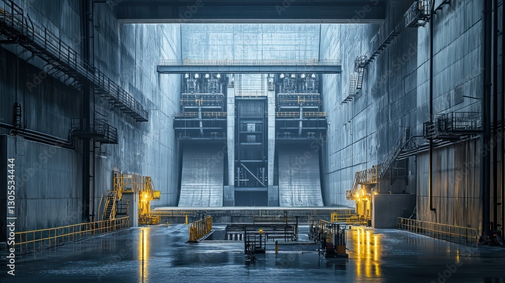 Poster a large concrete structure with a central gate is featured here