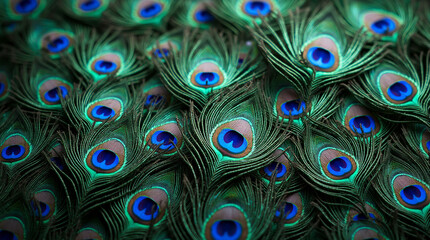 Macro Shot of Water Droplets on the Shimmering Tail Feathers of a Peacock