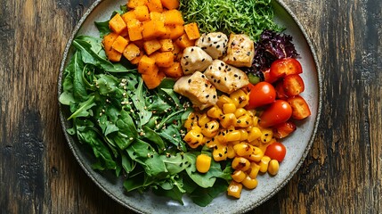 Modern plate brimming with leafy greens lean protein and colorful veggies highlighting balanced macronutrients in an eye catching presentation