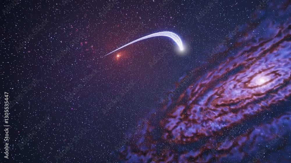 Poster a dynamic space scene with a comet streaking across a starry sky, captured from a low-angle perspect