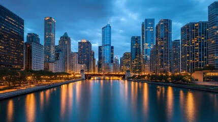 Obraz premium Chicago River reflecting city skyline during dusk with lights on