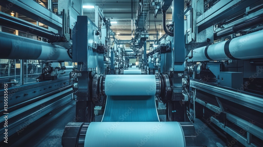 Poster industrial machines producing textile materials inside a large factory building