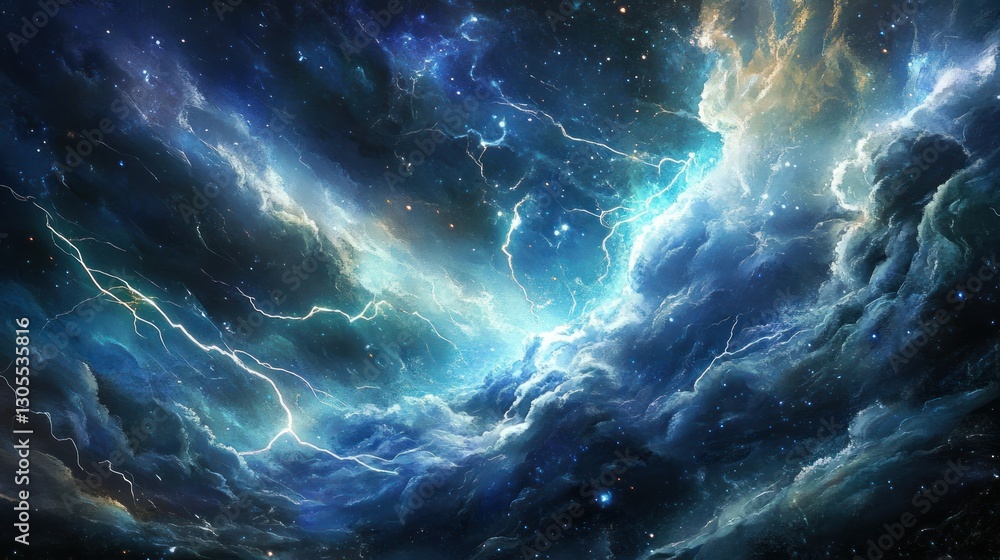 Poster an artistic display of lightning bolts and celestial clouds