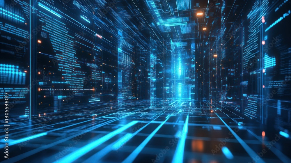 Poster A futuristic digital corridor with data flowing through it