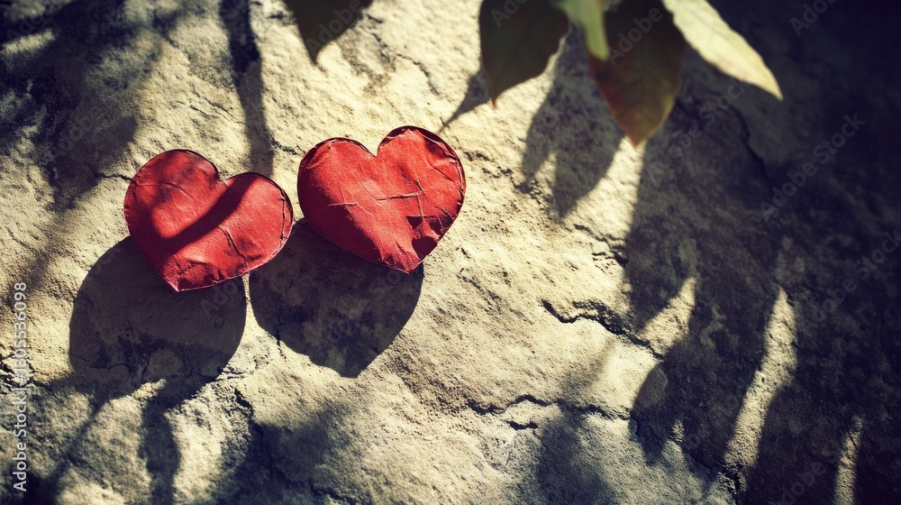 Poster two red hearts resting on a textured stony surface in sunlight