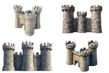 Stone Castle Wall with Towers set isolated cutout with transparent background