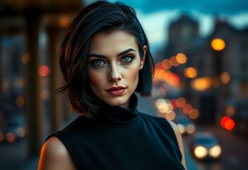 Fototapeta premium A stylish woman in a cityscape at dusk
