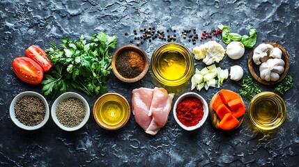 Neatly organized array of fresh ingredients