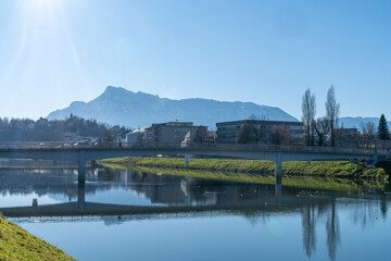 Salzach River on a sunny late fall morning in Salzburg Austria