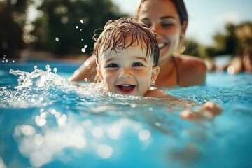 Mother and child having fun in the pool, excited child playing in the pool together with mother