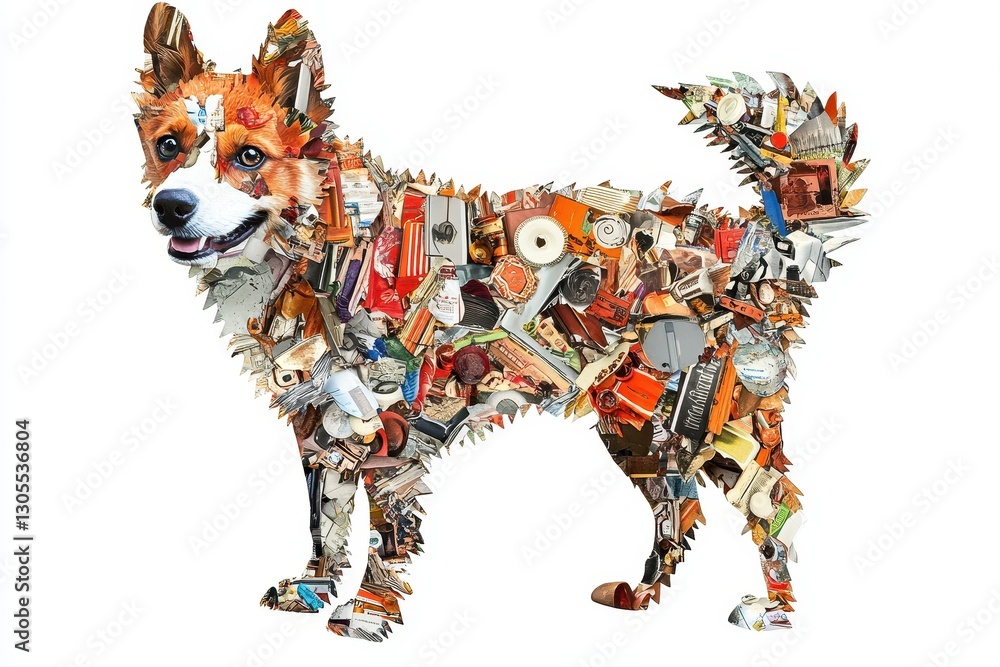 Poster an image of a dog artfully constructed with various objects