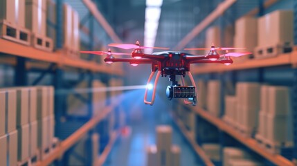 Drone flying in a warehouse. The drone is black and red. Shelves full of boxes are in the background. Automation and transportation concept.