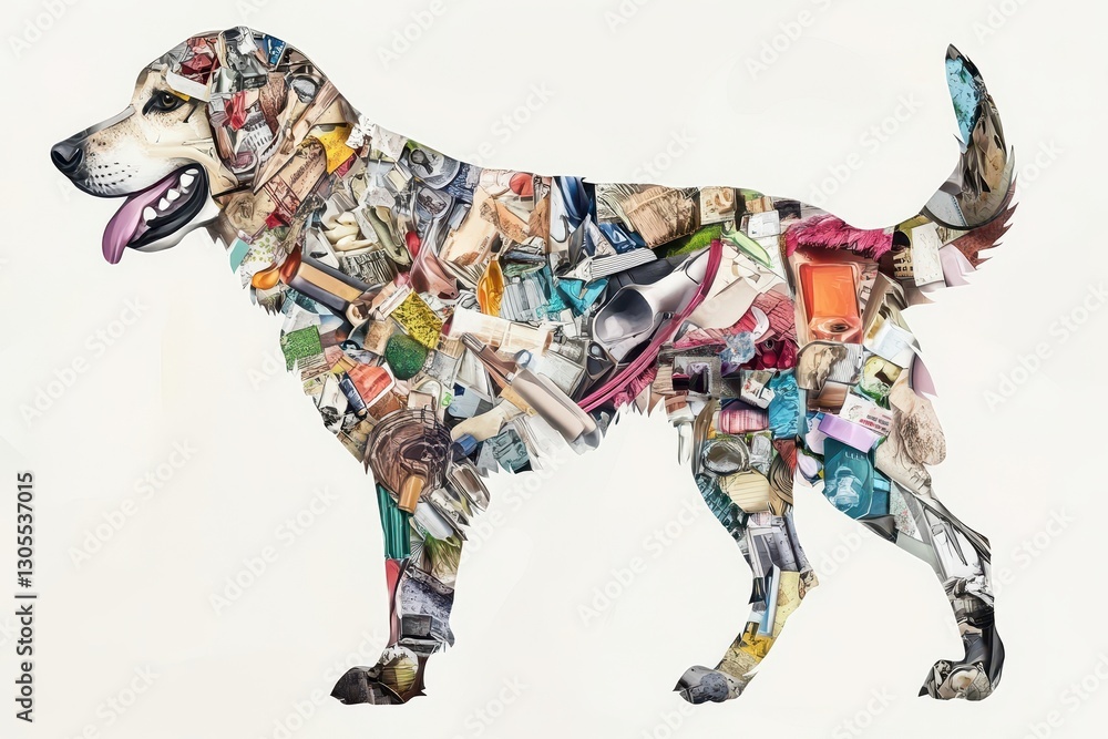 Poster an image of a dog silhouette constructed of assorted objects