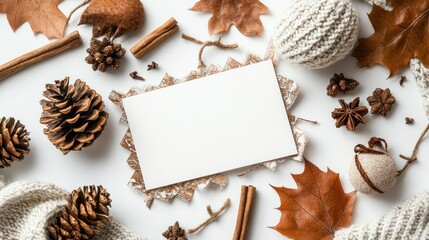 Composition of Autumn Elements and Blank Card on White Surface