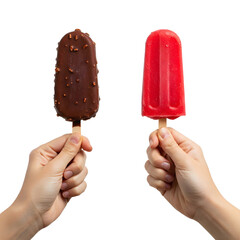 Two hands holding a chocolate ice cream bar and a red popsicle, isolated on a transparent background.