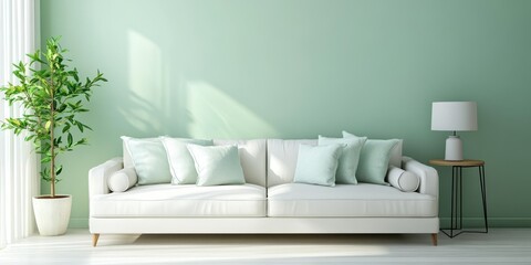 Fototapeta premium A modern living room featuring a comfortable white sofa and plants