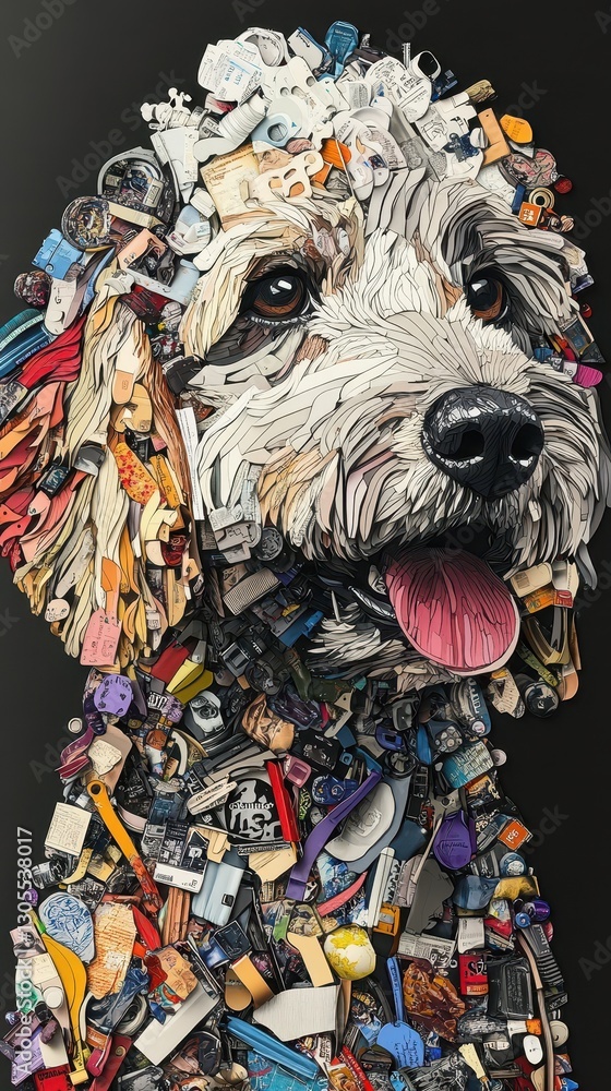 Poster the portrait of a dog made of various assorted objects