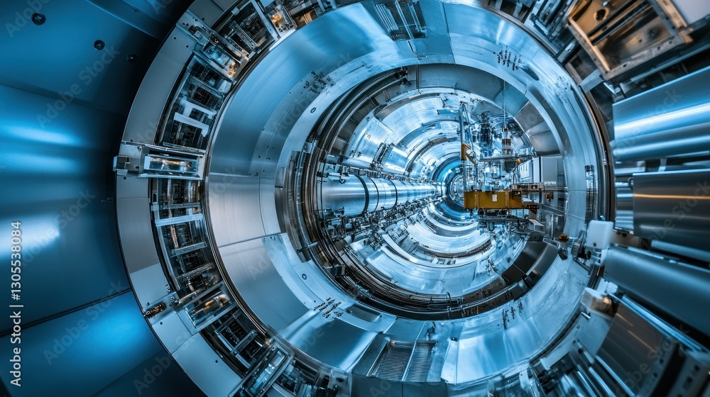 Poster A large circular accelerator with many metal rings inside it