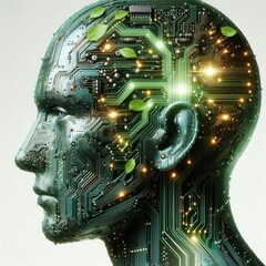 Glowing Circuit Board Merging with Human Head and Leaves