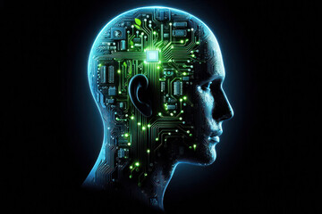 Glowing Circuit Board Merging with Human Head and Leaves