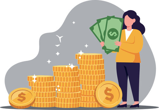 A confident businesswoman holding cash beside towering stacks of gold coins in a flat design vector illustration emphasizing financial success and prosperity