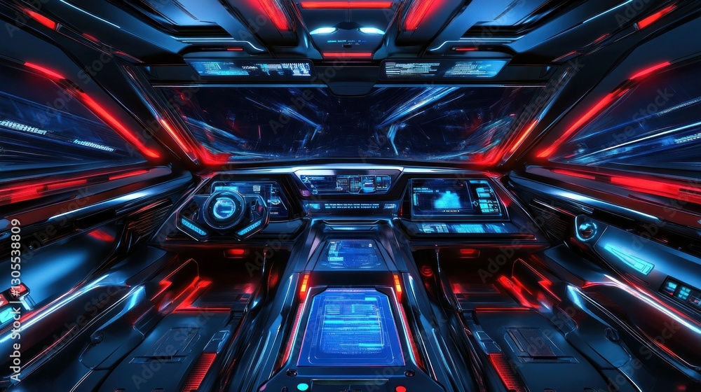 Poster A spaceship cockpit displaying technology and a futuristic space view