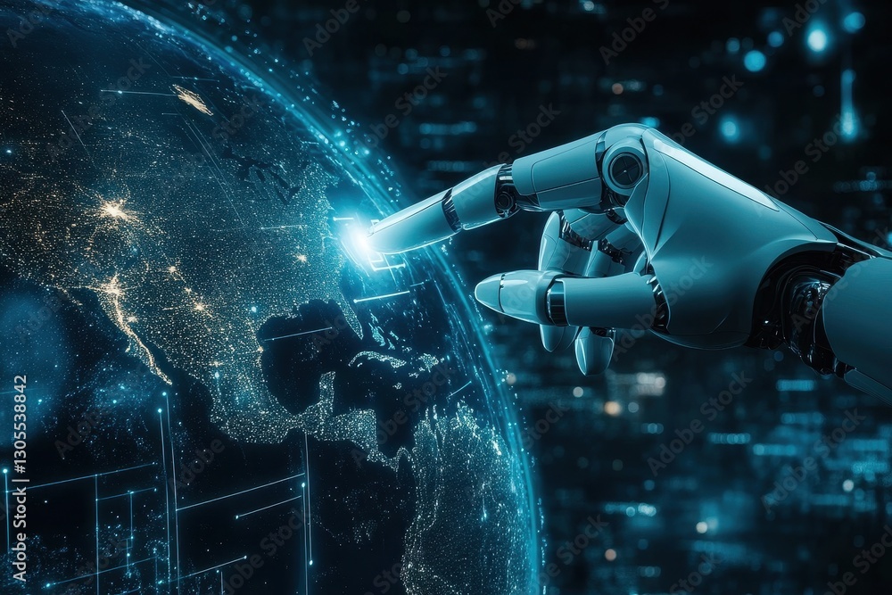 Poster global communication concept with ai managing the network, robot hand pointing at earth in cyber spa